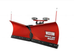 A red snowplow with a white background.